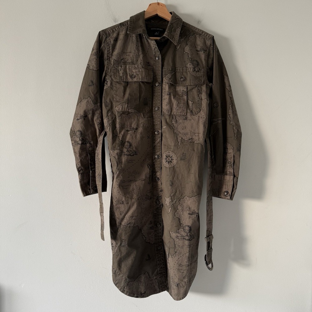 Banana Republic Shirt Dress Safari Map Print Utility Travel Green Long Sleeve XS